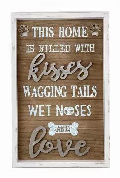 Vintage Wood Framed Wall Plaque with Dog Quote - This Home is Filled with Kisses Wagging Tails Wet Noses and Love- Farmhouse Rustic Wood Dog Sign Home Decor- 12" W X 19" H