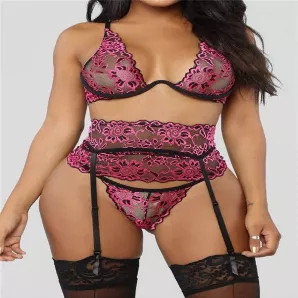 La Belle Fantastique Sexy Lingerie  Bra + Garter Belt + Sheer See Through Panties - Bridal Lingerie (3 Piece Set)