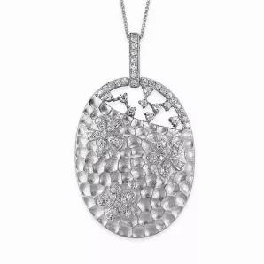 Collete Z Cubic Zirconia Sterling Silver Rhodium Plated Hammered Oval Shape Pendant