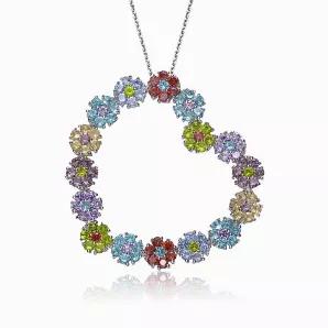 Collette Z Sterling Silver Multicolored Cubic Zirconia Flowers Heart Pendant