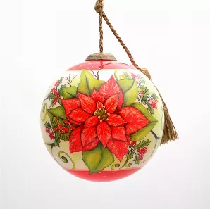 Holiday Poinsettia Hand Painted Glass Ornament