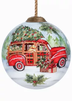 Holiday Wagon Hand Painted Glass Ornament