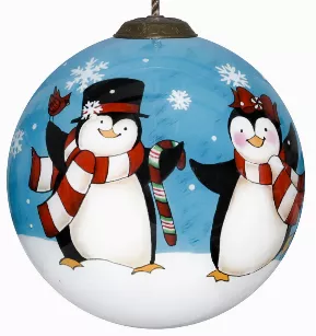 Holiday Penguins Hand Painted Glass Ornament
