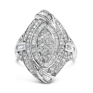 .925 Sterling Silver & 1-1/8 Cttw Diamond Marquise Shaped Cluster Triple Halo Knot Cocktail Fashion Ring