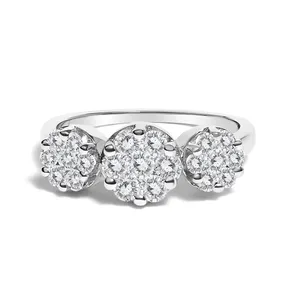 14K White Gold 1-1/4 Cttw Brilliant Cut Diamond Three Round Floral Clusters Engagement or Fashion Ring