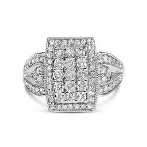 10K White Gold 1.0 Cttw Diamond Rectangular Cushion Shaped Cluster Halo Flared Band Cocktail Fashion Ring