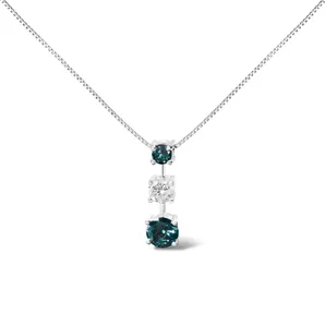 14K White Gold 1 1/2 Cttw Treated Blue and White Diamond 3-Stone 18" Pendant Necklace
