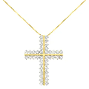 10K Yellow Gold 4.0 Cttw Diamond Two Row Cross 18" Pendant Necklace