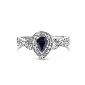 .925 Sterling Silver 6x4mm Pear Sapphire Gemstone with Diamond Accent Fashion Halo Ring