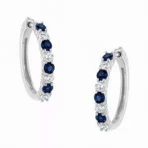 10 Karat White Gold 2.5MM Created Blue Sapphire and 1/2ct. Total Diamond Weight Diamond Hoop Earrings