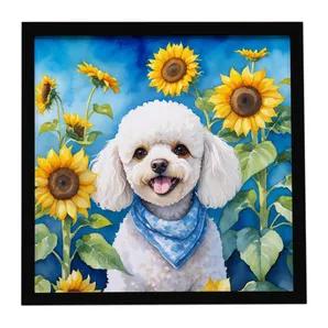 White Poodle in Sunflowers Framed Metal Print