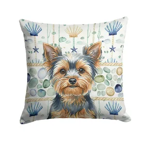 Blue and Tan Yorkshire Terrier Coastal Sea Glass Throw Pillow