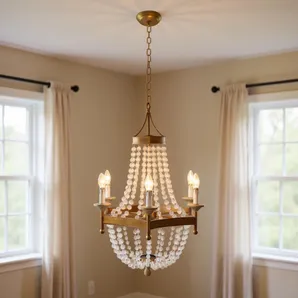 Gold And White Candle Style Six Light Metal and Frosted Glass Chandelier