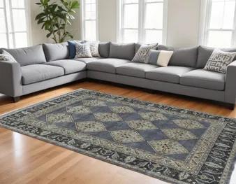 9' X 12' Blue and Gray Wool Floral Hand Knotted Area Rug
