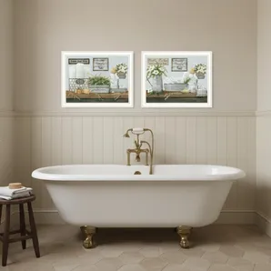 Set Of Two "Fluffy Towels" -Bathroom Decor White Framed Bathroom Wall Art