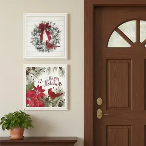 Set Of Two Cardinal Wreath White Framed Wall Art