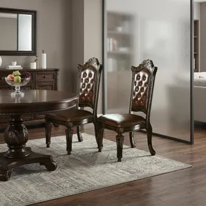 Set of Two Dark Brown And Mahogany And Dark Brown Tufted Faux Leather Dining Side Chairs