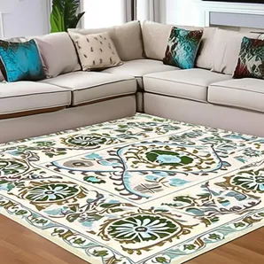 8' X 11' Cream Green And Blue Tribal Washable Area Rug With UV Protection