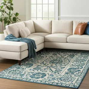 8' X 11' Beige And Blue Tribal Washable Area Rug With UV Protection