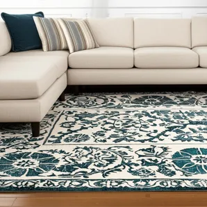 9' X 13' Beige And Blue Tribal Washable Area Rug With UV Protection