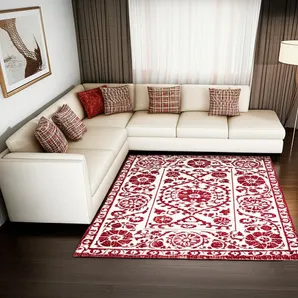 8' X 11' Beige And Maroon Tribal Washable Area Rug With UV Protection