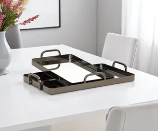 Set of Two Pewter Aluminum And Mirrored Glass Handmade Serving Trays