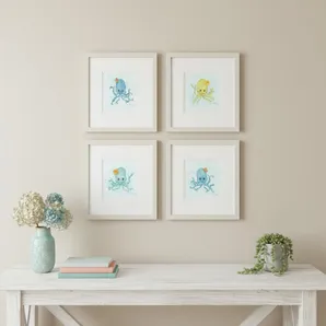 Set Of Four Baby Octopus Distressed White Framed Wall Art
