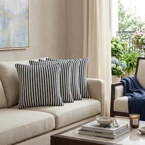 Set of Four 22" X 22" Blue And White Lumbar Striped Cotton Throw Pillow Covers