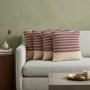 Set of Four 20" X 20" Maroon And Ivory Lumbar Striped Cotton Throw Pillow Covers with Tassels