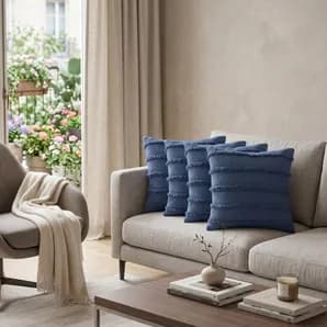 Set of Four 20" Blue Striped Cotton Throw Pillow Covers with Tufts And Texture