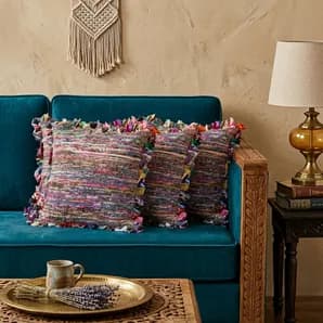 Set of Four 18" Red Pink And Indigo Floor Striped Rayon Throw Pillow Covers