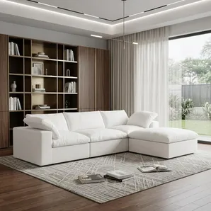 118" White Linen Blend Modular Sofa With Ottoman And Storage