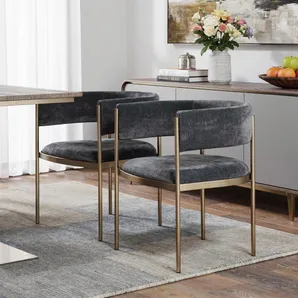 Set of Two Charcoal And Gold And Charcoal Velvet Partially Open Back Dining Arm Chairs
