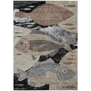 10' X 14' Black And Beige Tropical Fish Washable Indoor Outdoor Area Rug