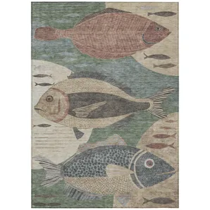 10' X 14' Green And Beige Tropical Fish Washable Indoor Outdoor Area Rug
