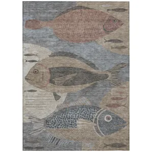9' X 12' Gray And Beige Tropical Fish Washable Indoor Outdoor Area Rug