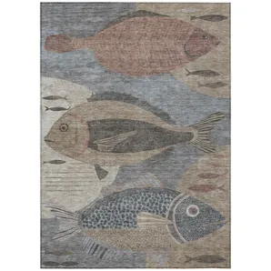 10' X 14' Gray And Beige Tropical Fish Washable Indoor Outdoor Area Rug