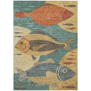 9' X 12' Teal Blue And Gold Tropical Fish Washable Indoor Outdoor Area Rug