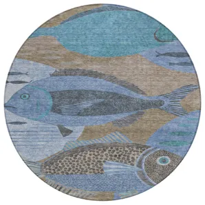 8' Taupe And Denim Blue Round Tropical Fish Washable Indoor Outdoor Area Rug