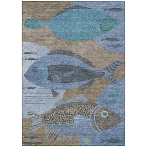 10' X 14' Taupe And Denim Blue Tropical Fish Washable Indoor Outdoor Area Rug