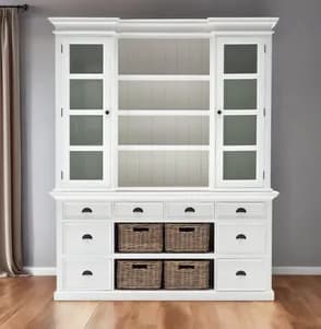 87" White Wood Bookcase with Glass Doors Drawers and Baskets