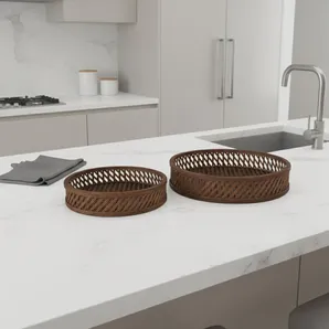 Set of Two Brown Round Wicker Handmade Serving Tray