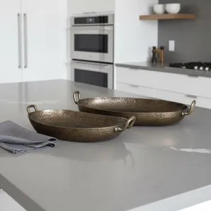 Set of Two Gold Oval Metal Handmade Serving Tray With Handles