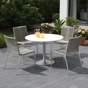 Set of Four Light Brown And Silver Woven Steel Outdoor Dining Chairs