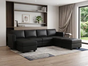 Black Faux Leather Modular Seven Piece Storage Sectional With Ottomans