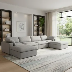 160" Light Gray Linen Blend Modular Sofa With Ottomans Toss Pillows And Storage