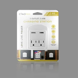 Travel AC Charger 2 Outlet 2 USB Ports 2.4A with 540 Joules Surge Protection