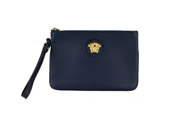 Versace Navy Pebbled Leather Wristlet Clutch Pouch
