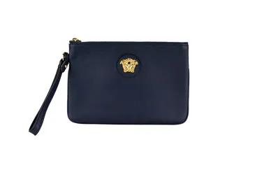 Versace Small Navy Pebbled Leather Wristlet Clutch Pouch