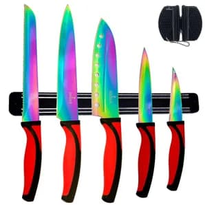 Kitchen Knife Set Kit 5 Professional Grade Iridescent Blade Knives Includes Knife Sharpener & Magnetic Wall Hanger Red Handle with Black Knife Rack
